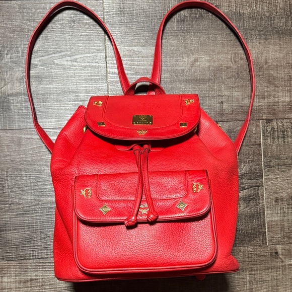 VTG MCM  Red Leather Backpack with Gold Accents - Picture 2 of 16